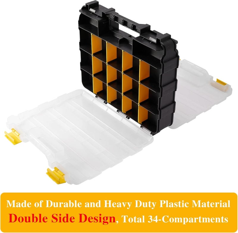 AIDY-PRO Hardware Organizer Box 34 Compartments Small Parts Organizer with Removable Dividers Durable Plastic Double Side Tools Box Screw Organizer For Nuts, Bolts, Screws, Nails, Small Hardware (Yellow) - Image 3